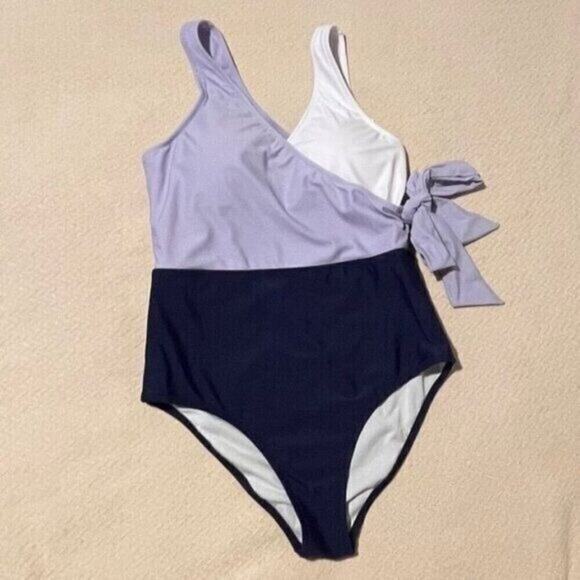 Cupshe Womens One Piece Swimsuit Medium Colorblock Wrap V-Neck Tie Purple Cheeky - Picture 3 of 9